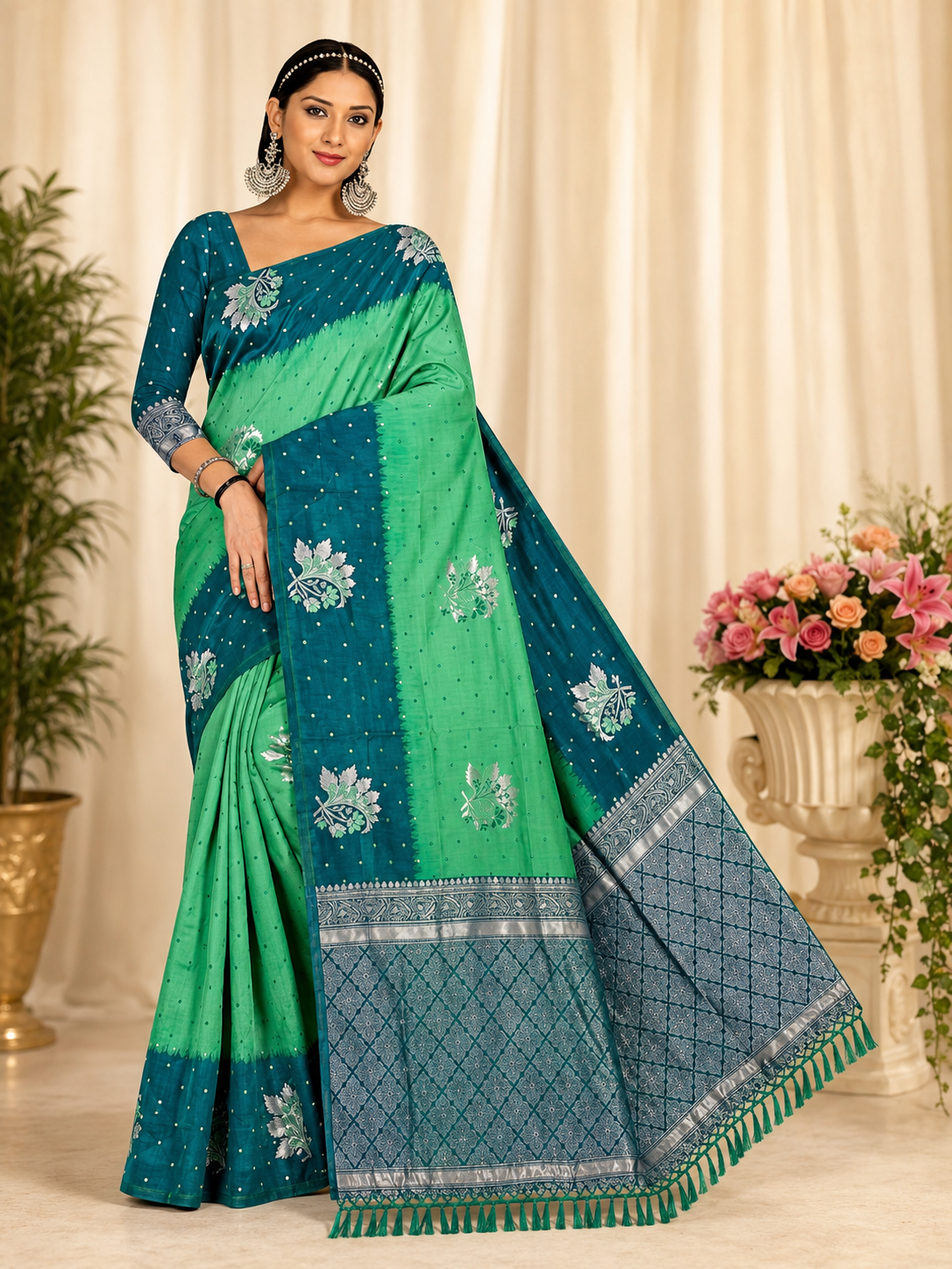 Teal Green Saree with Silver Zari Border