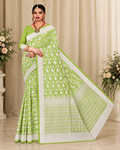 Pista Green Floral Saree with White Zari Border