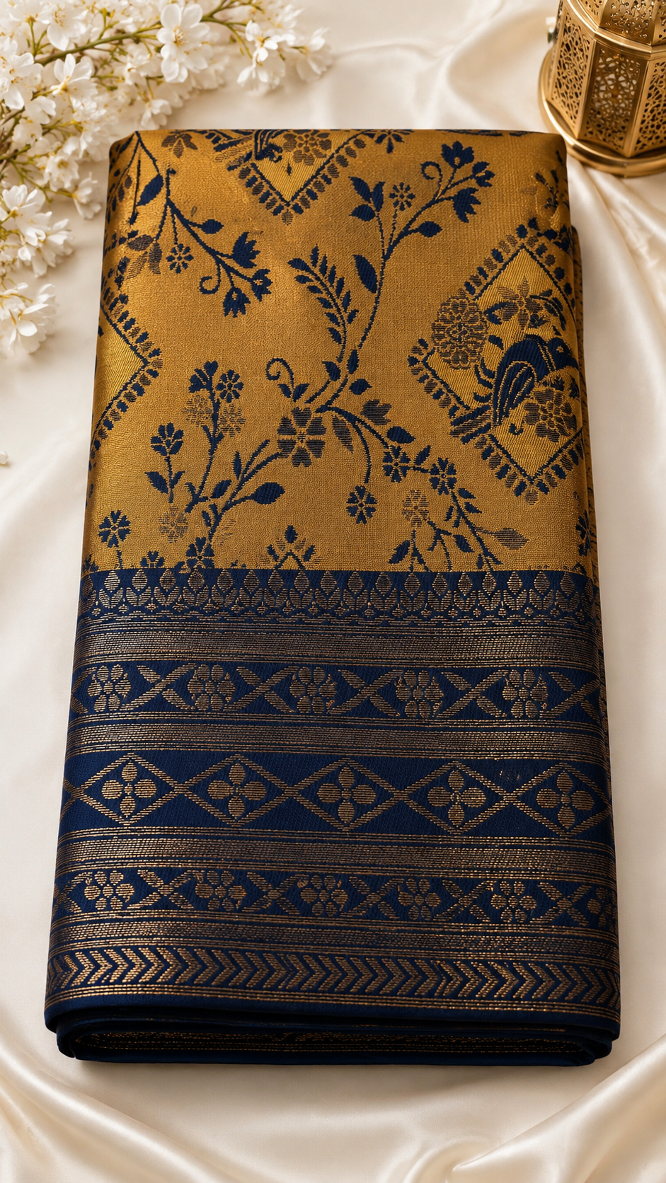 Mustard Yellow & Navy Blue Kanchipuram Silk Saree with Antique Gold Zari Border