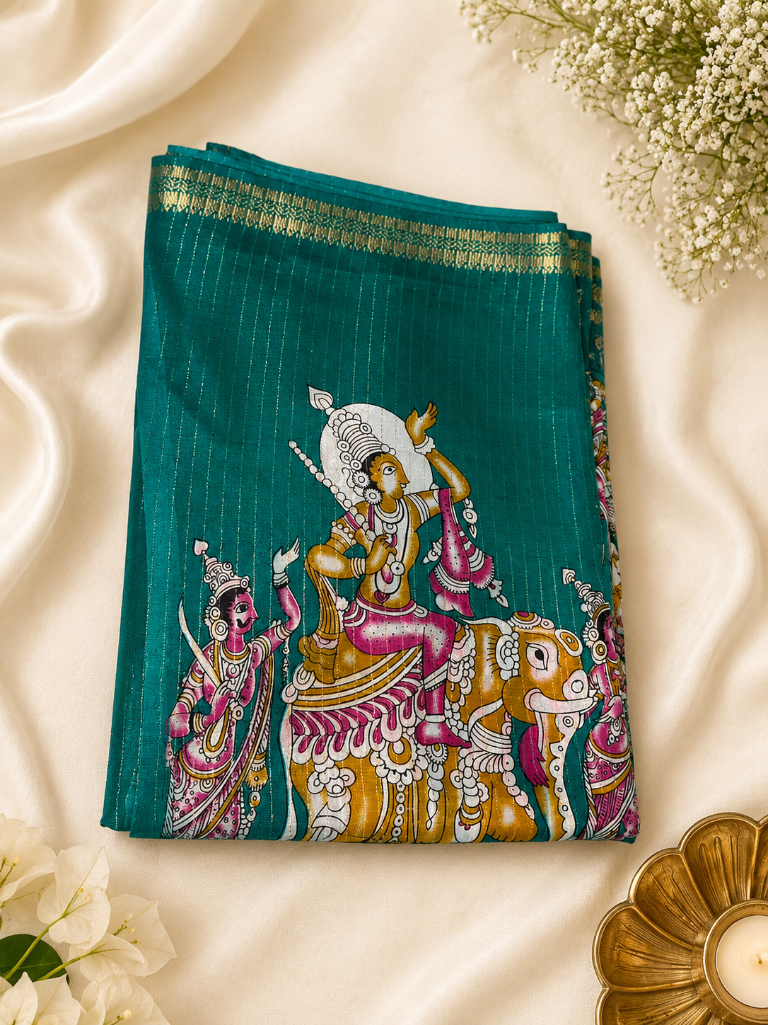 Premium Teal Green Kalamkari Printed Saree with Traditional Art Design