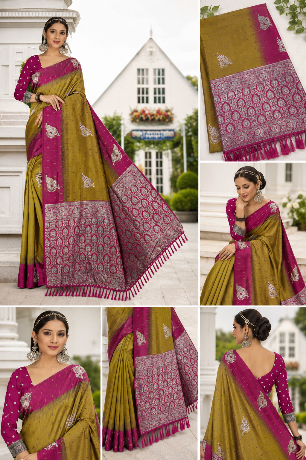 Mustard Olive & Magenta Banarasi Soft Silk Saree with Silver Zari Weaving