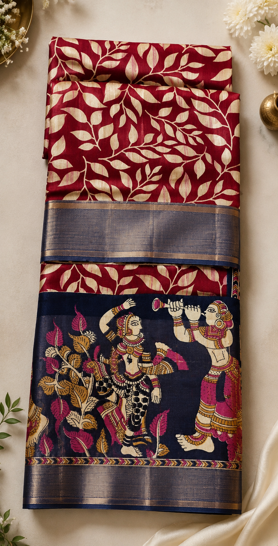 Maroon Floral Kalamkari Border Silk Saree