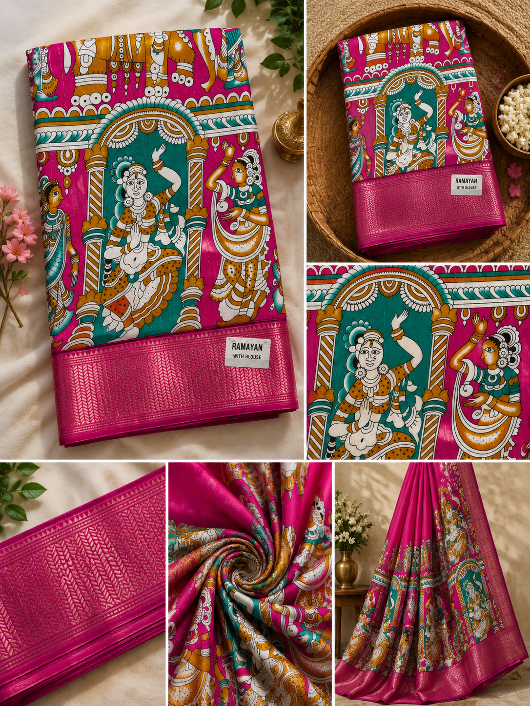Premium Pink Kalamkari Printed Saree with Traditional Krishna Motif