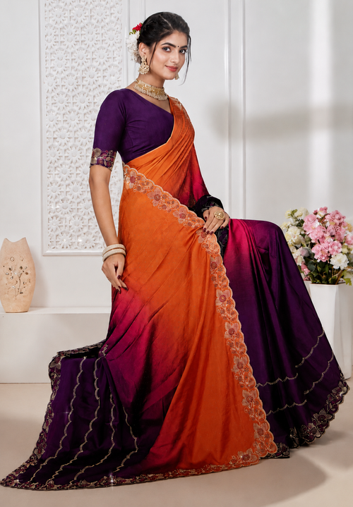 Elegant Orange & Deep Purple Ombre Designer Saree with Lace Border