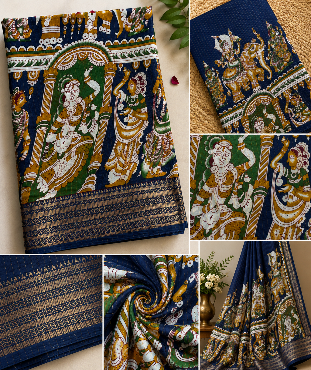 Premium blue kalamkari saree with traditional print