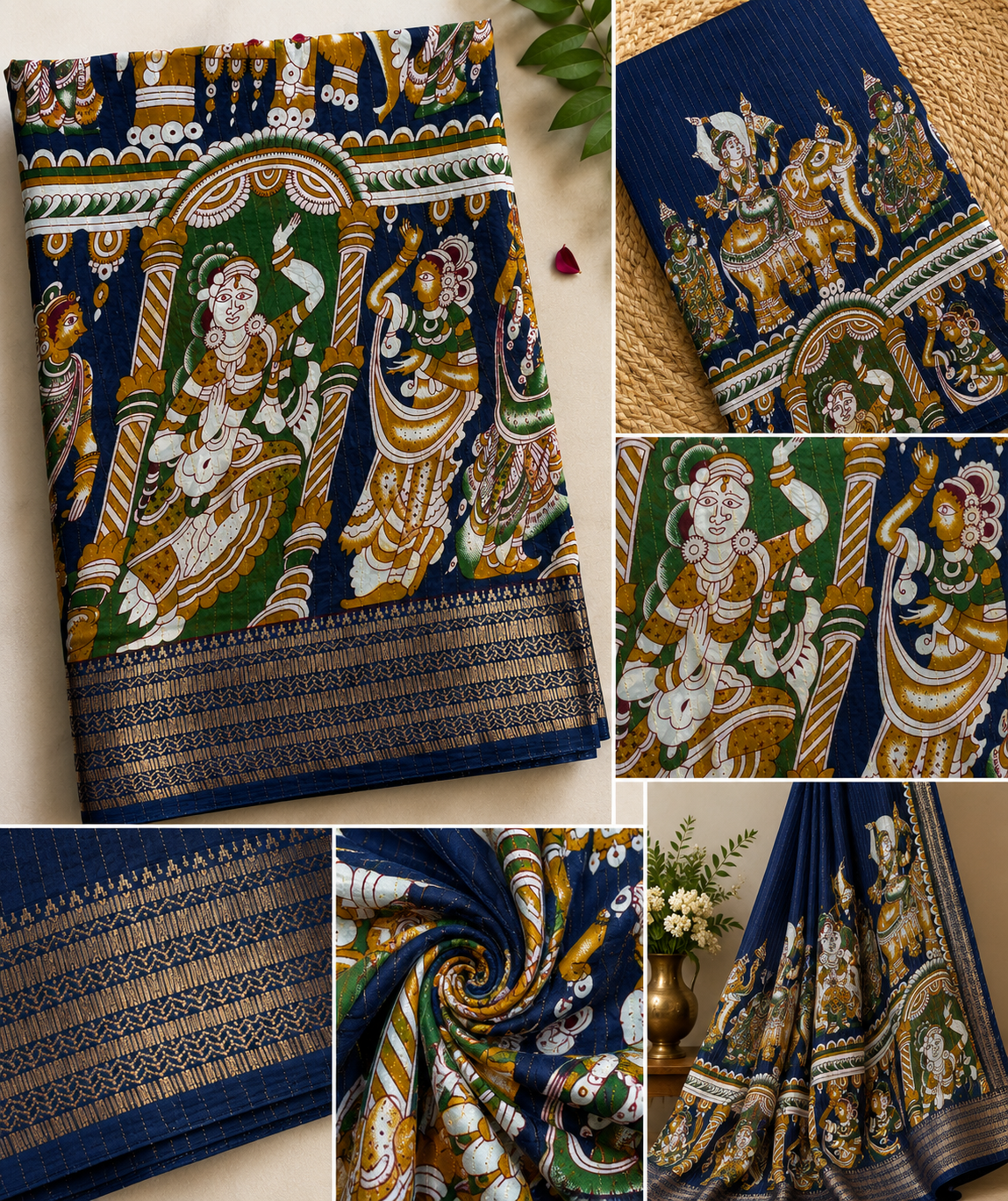 Premium blue kalamkari saree with traditional print