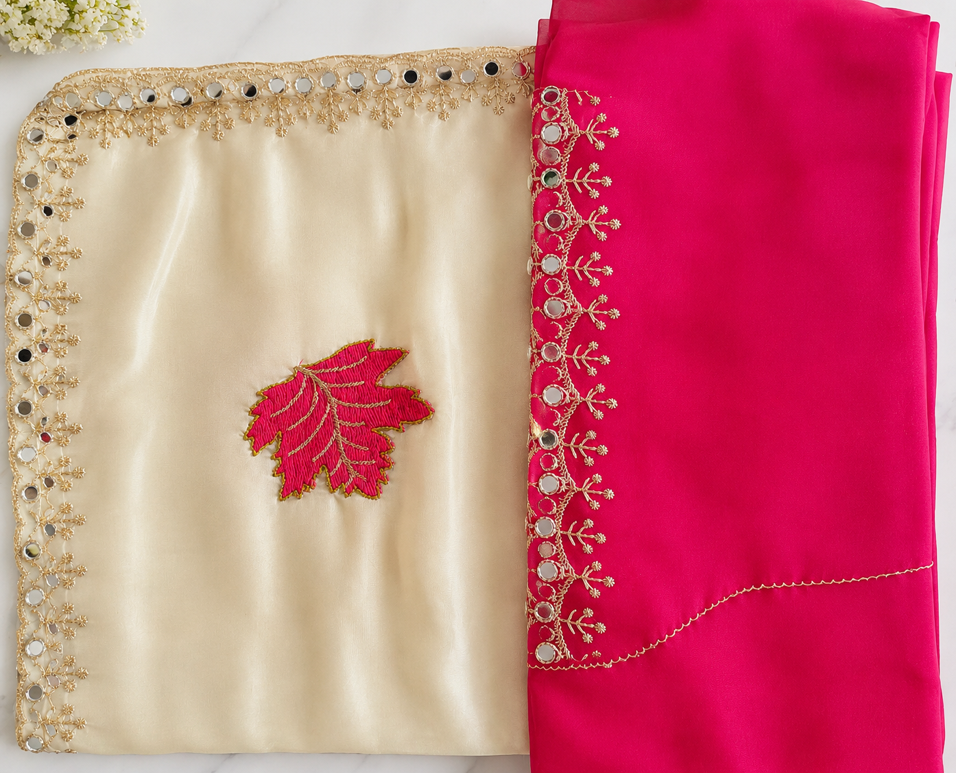 Elegant Cream & Rani Pink Silk Blend Saree with Zari Border and Embroidered Leaf Design