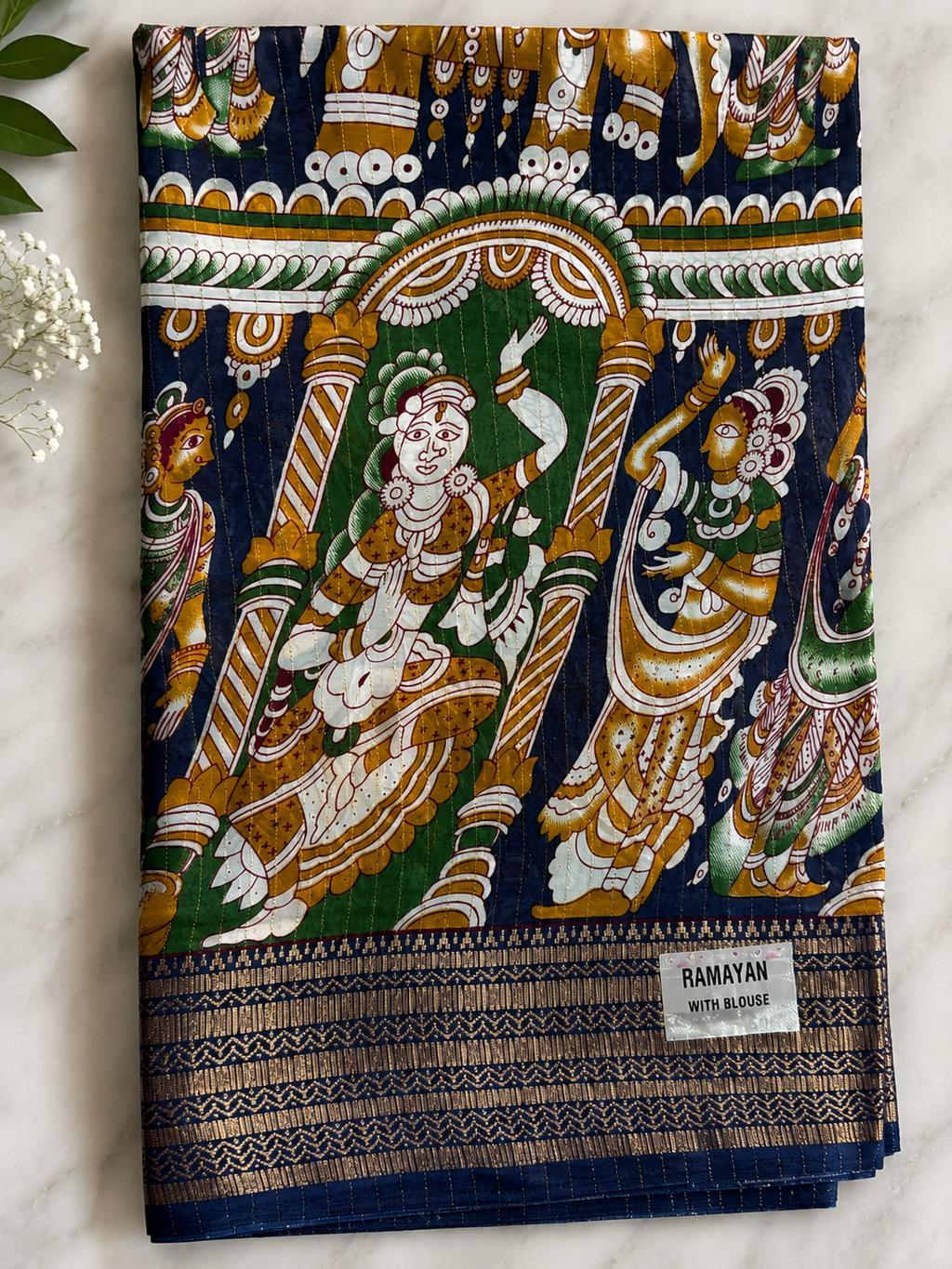Premium blue kalamkari saree with traditional print