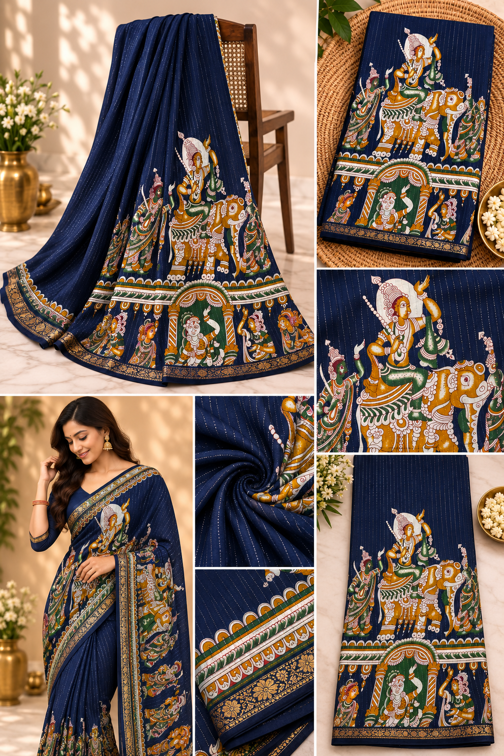 Premium blue kalamkari saree with traditional print