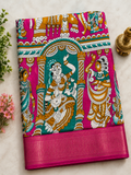 Premium Pink Kalamkari Printed Saree with Traditional Krishna Motif
