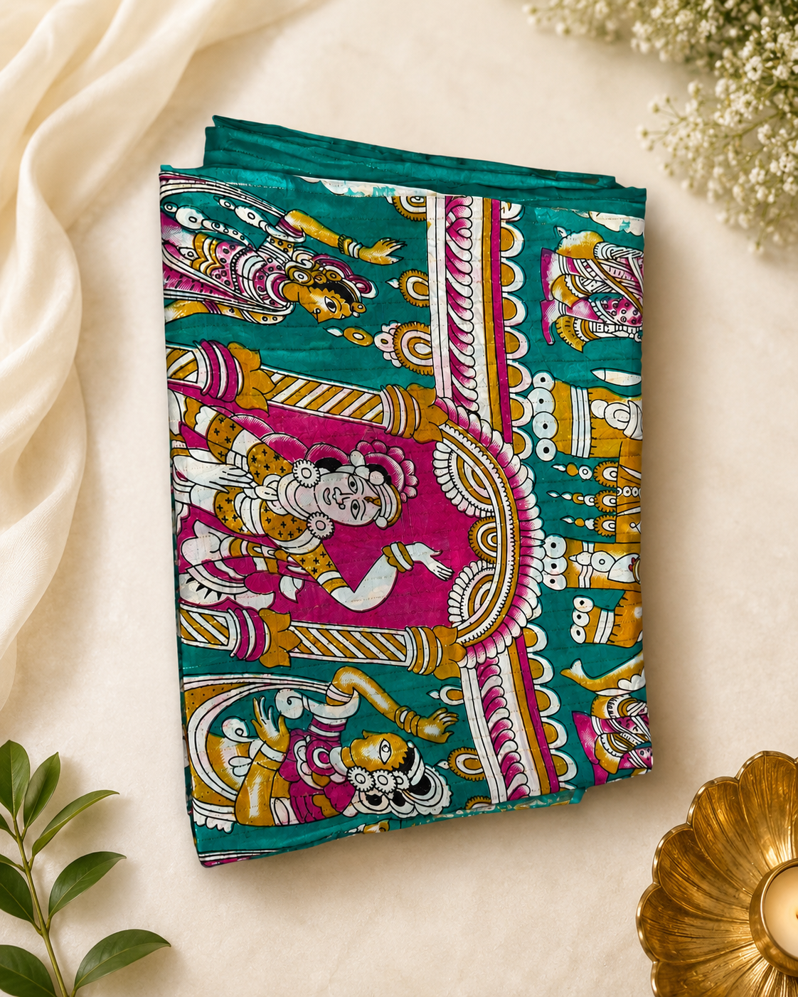 Premium Teal Green Kalamkari Printed Saree with Traditional Art Design