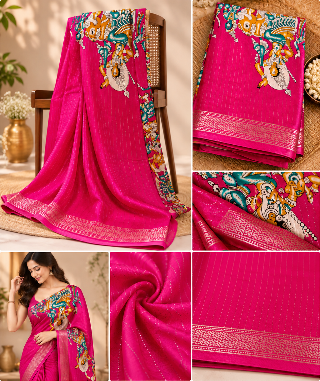 Premium Pink Kalamkari Printed Saree with Traditional Krishna Motif