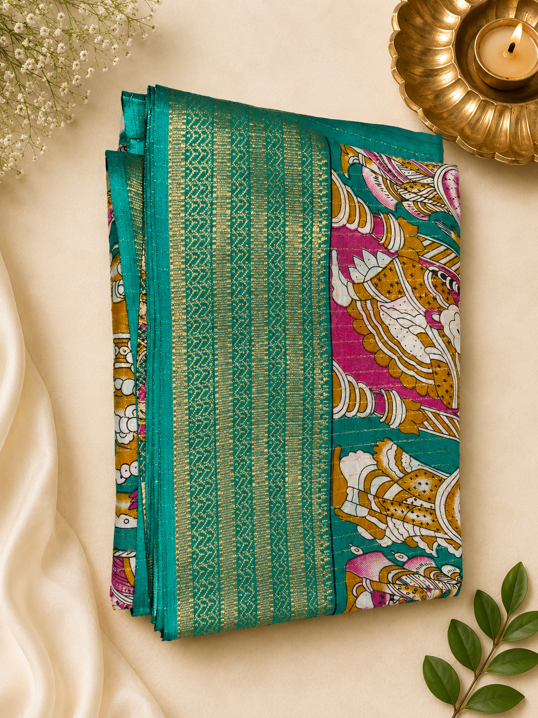 Premium Teal Green Kalamkari Printed Saree with Traditional Art Design