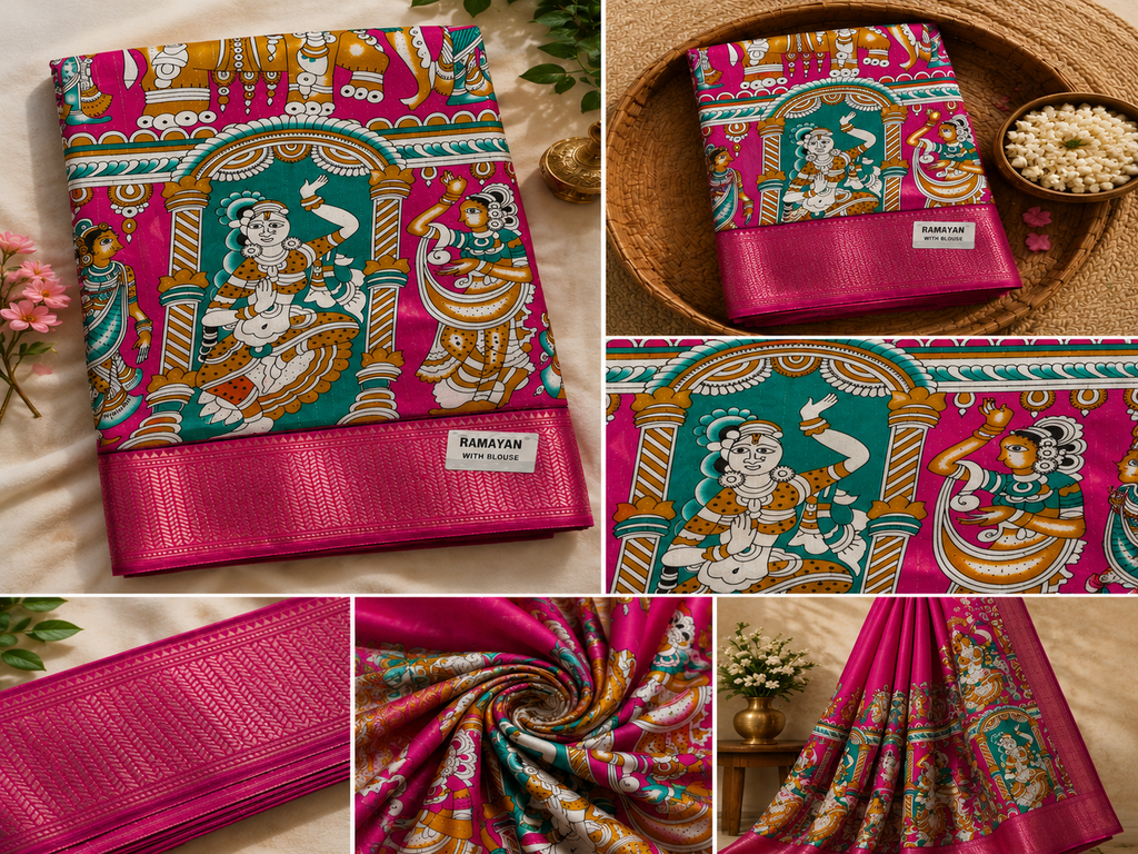 Premium Pink Kalamkari Printed Saree with Traditional Krishna Motif