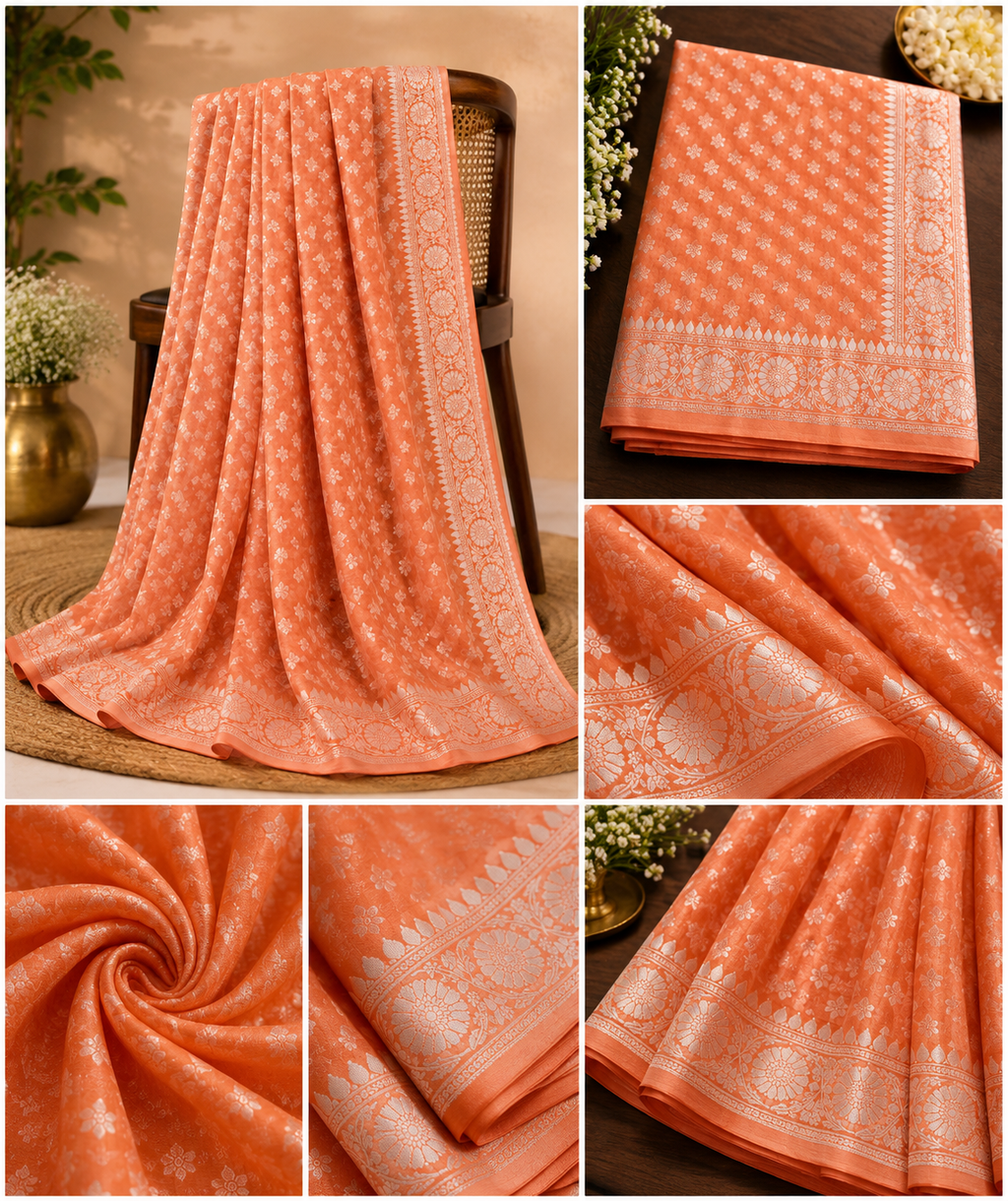 Elegant Peach Soft Silk Saree with Woven Floral Design
