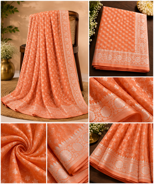 Elegant Peach Soft Silk Saree with Woven Floral Design