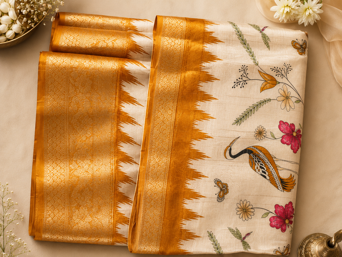 Elegant Ivory Silk Saree with Floral & Bird Print and Golden Zari Border