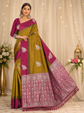 Mustard Olive & Magenta Banarasi Soft Silk Saree with Silver Zari Weaving