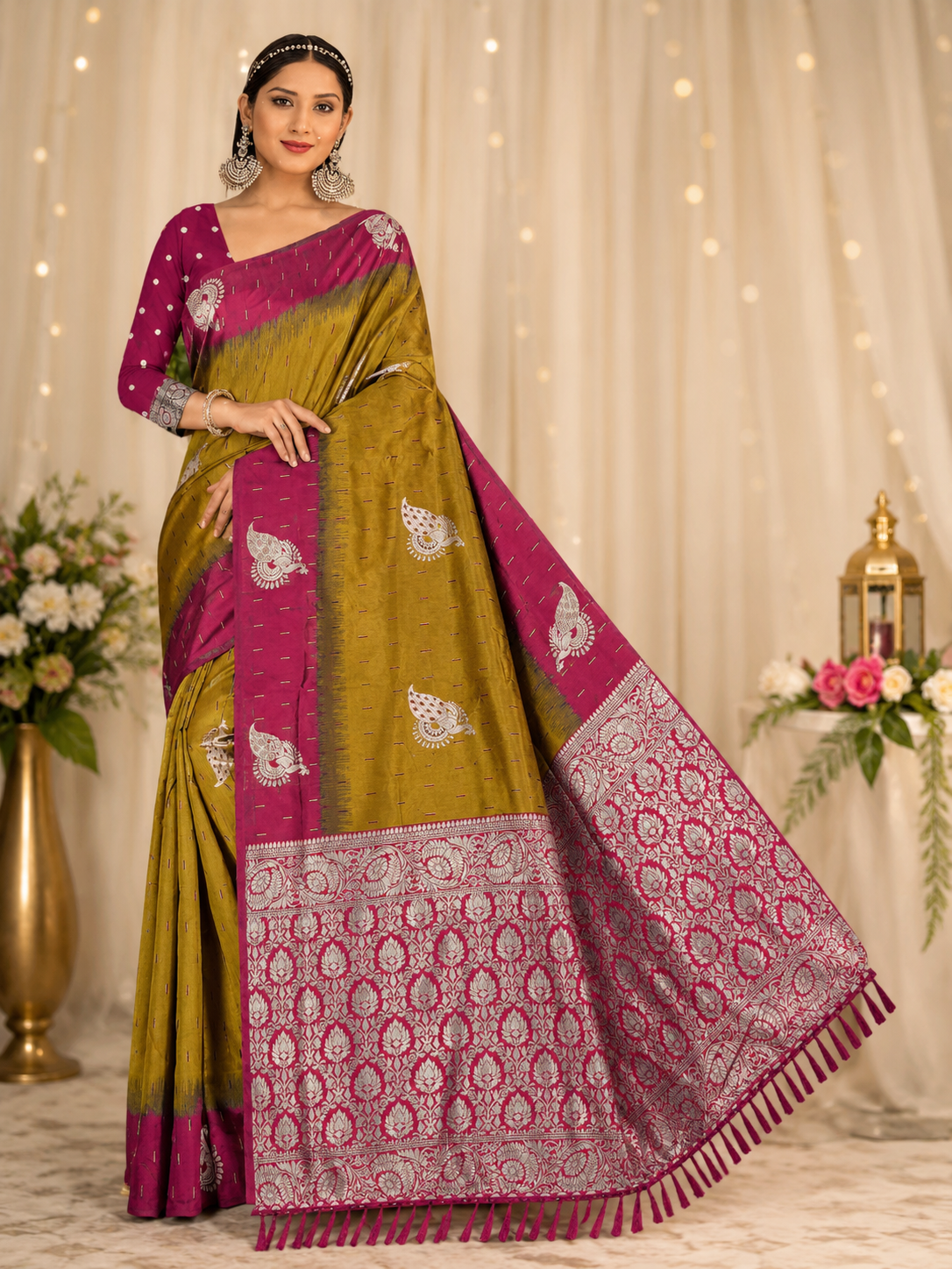 Mustard Olive & Magenta Banarasi Soft Silk Saree with Silver Zari Weaving