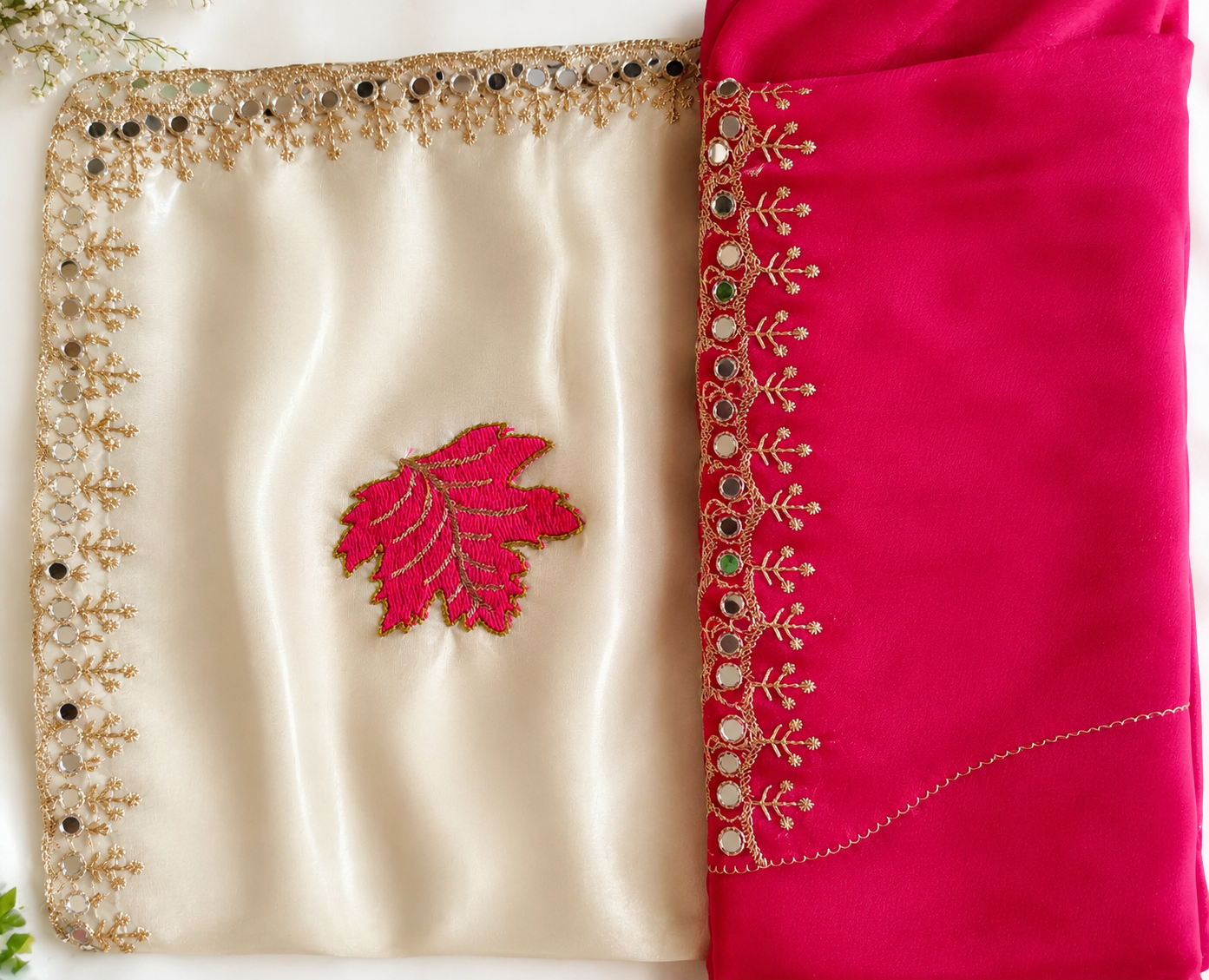 Elegant Cream & Rani Pink Silk Blend Saree with Zari Border and Embroidered Leaf Design