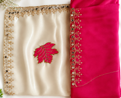 Elegant Cream & Rani Pink Silk Blend Saree with Zari Border and Embroidered Leaf Design