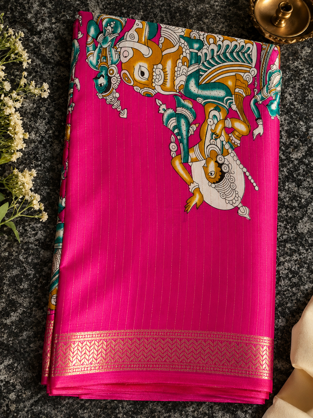 Premium Pink Kalamkari Printed Saree with Traditional Krishna Motif