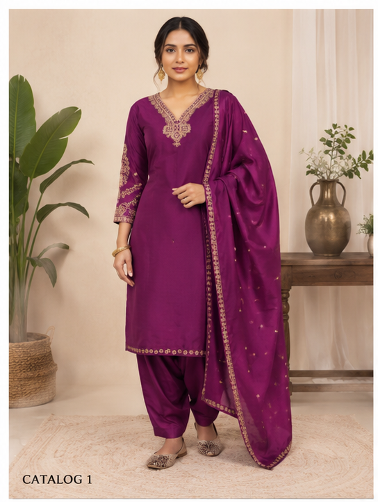Royal Purple Embroidered Designer Saree with Unstitched Blouse