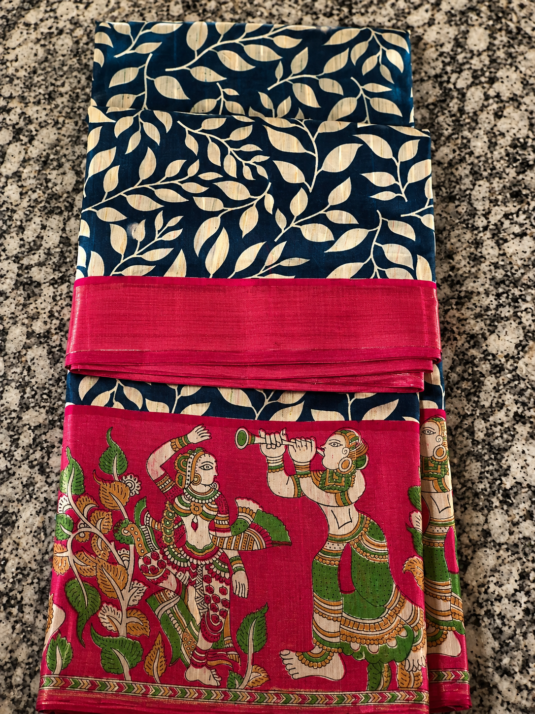 Women's Navy Blue & Pink Printed Cotton Saree with Contrast Border