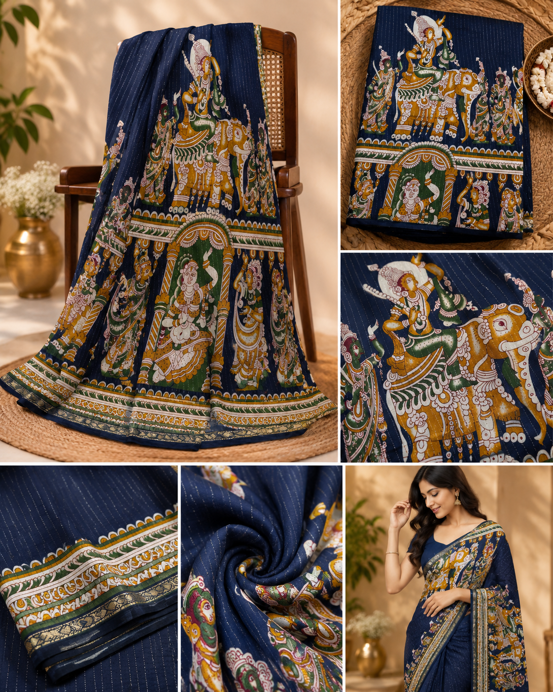 Premium blue kalamkari saree with traditional print