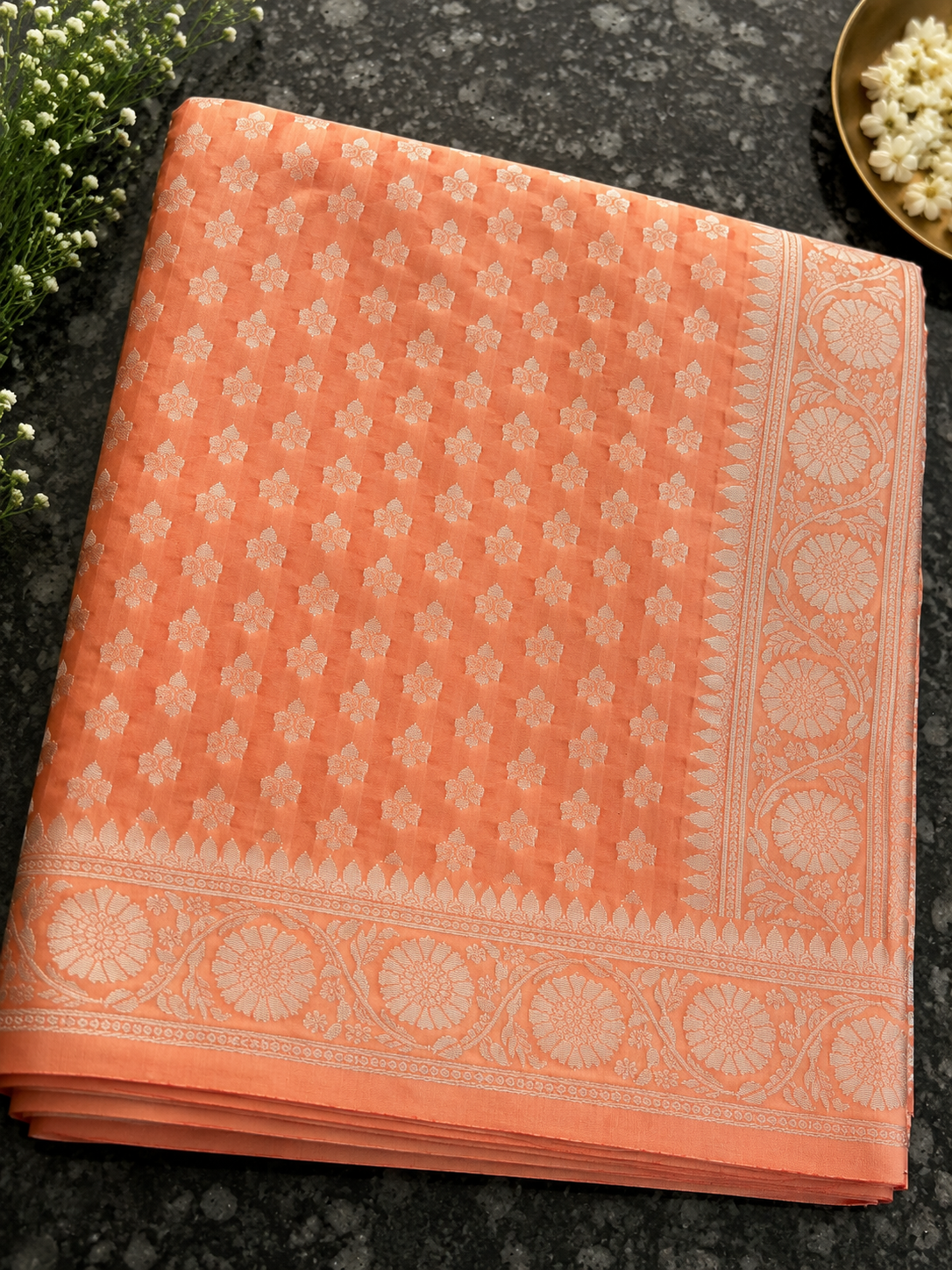 Elegant Peach Soft Silk Saree with Woven Floral Design
