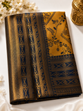 Mustard Yellow & Navy Blue Kanchipuram Silk Saree with Antique Gold Zari Border
