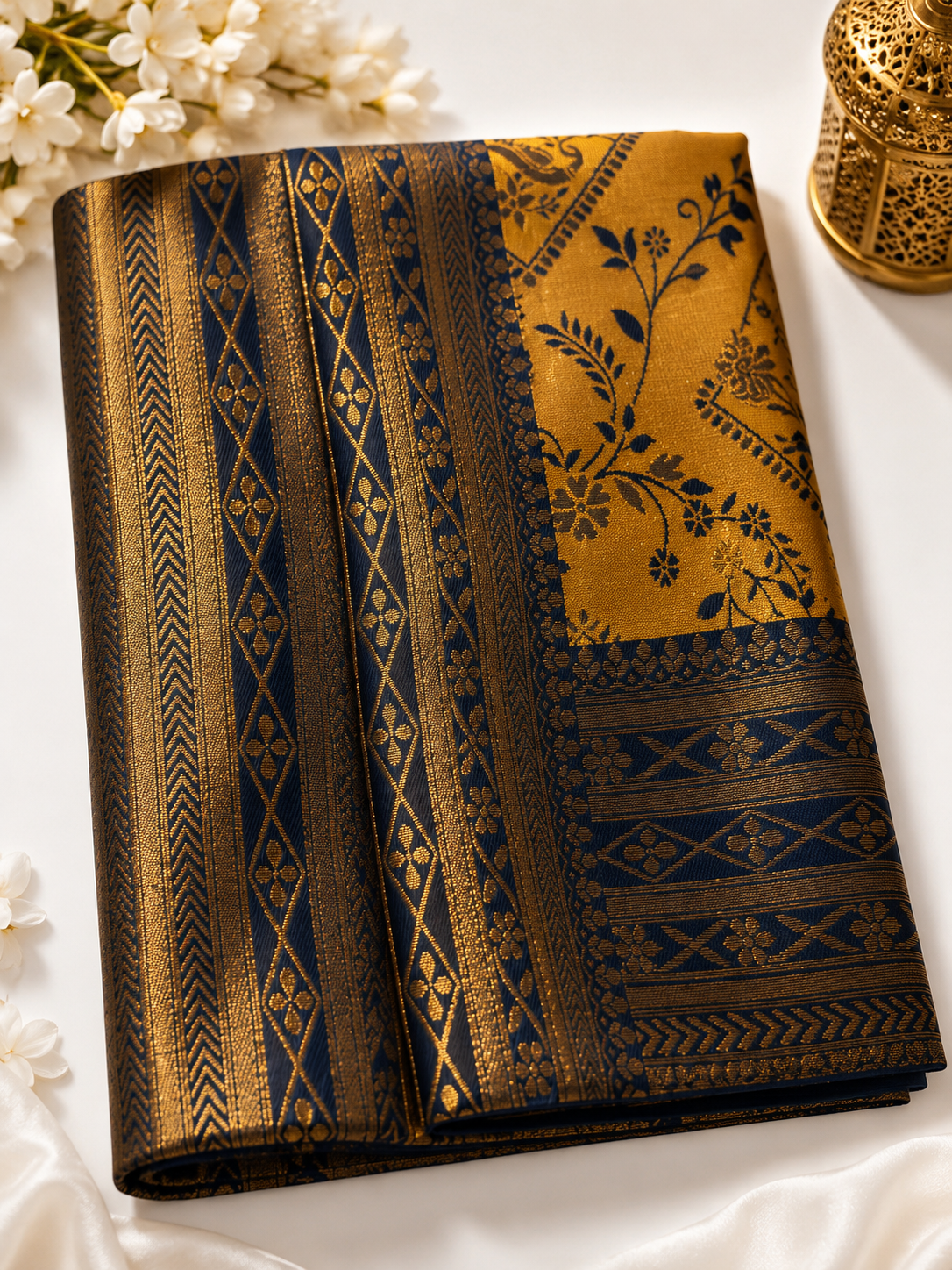 Mustard Yellow & Navy Blue Kanchipuram Silk Saree with Antique Gold Zari Border