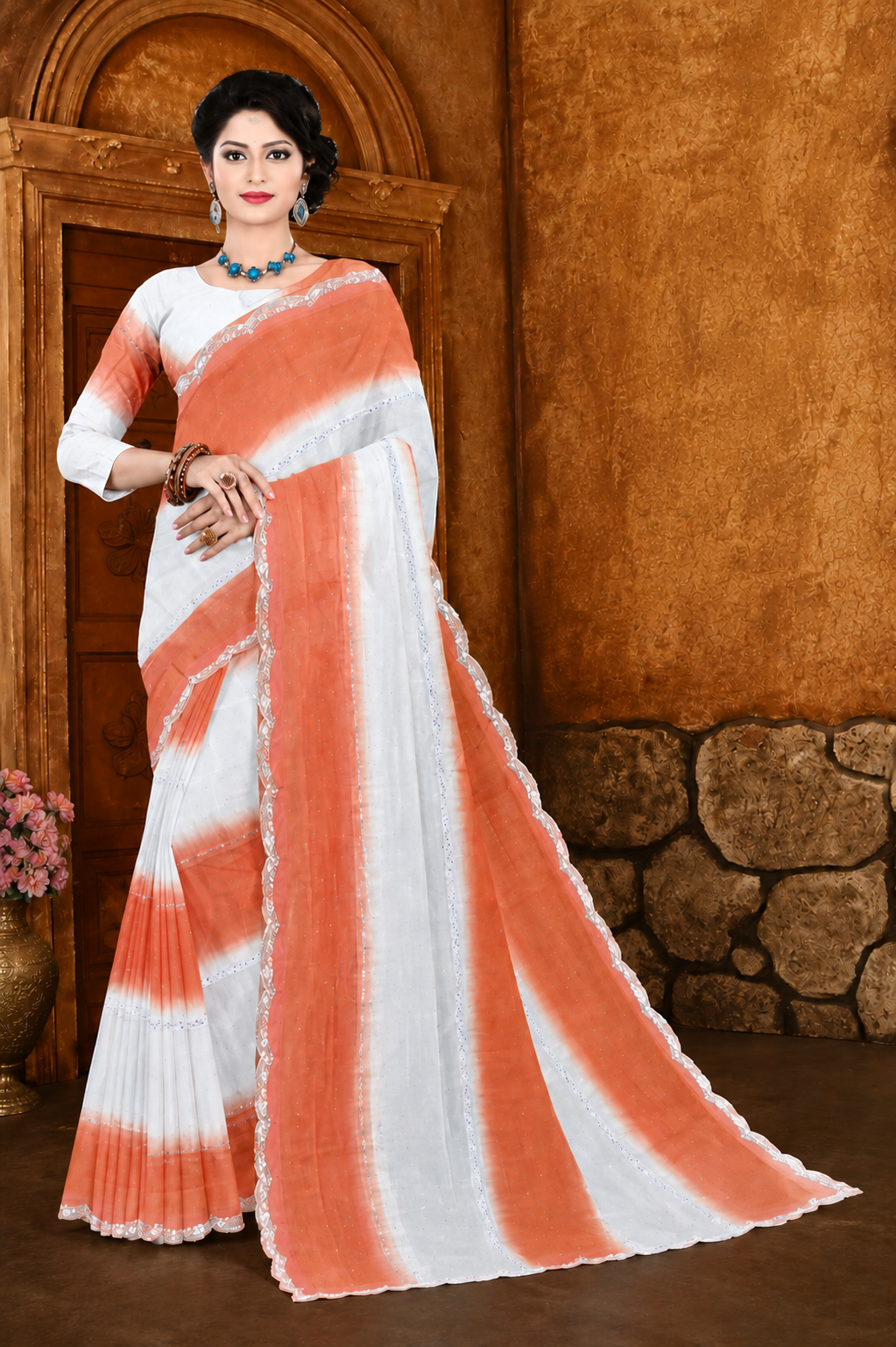 Elegant White & Peach Soft Georgette Printed Saree for Women