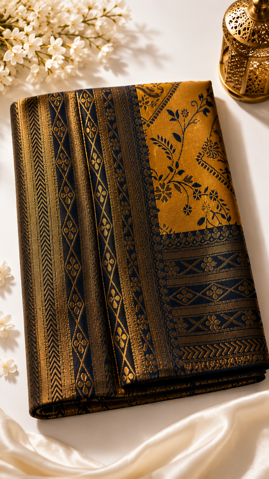 Mustard Yellow & Navy Blue Kanchipuram Silk Saree with Antique Gold Zari Border