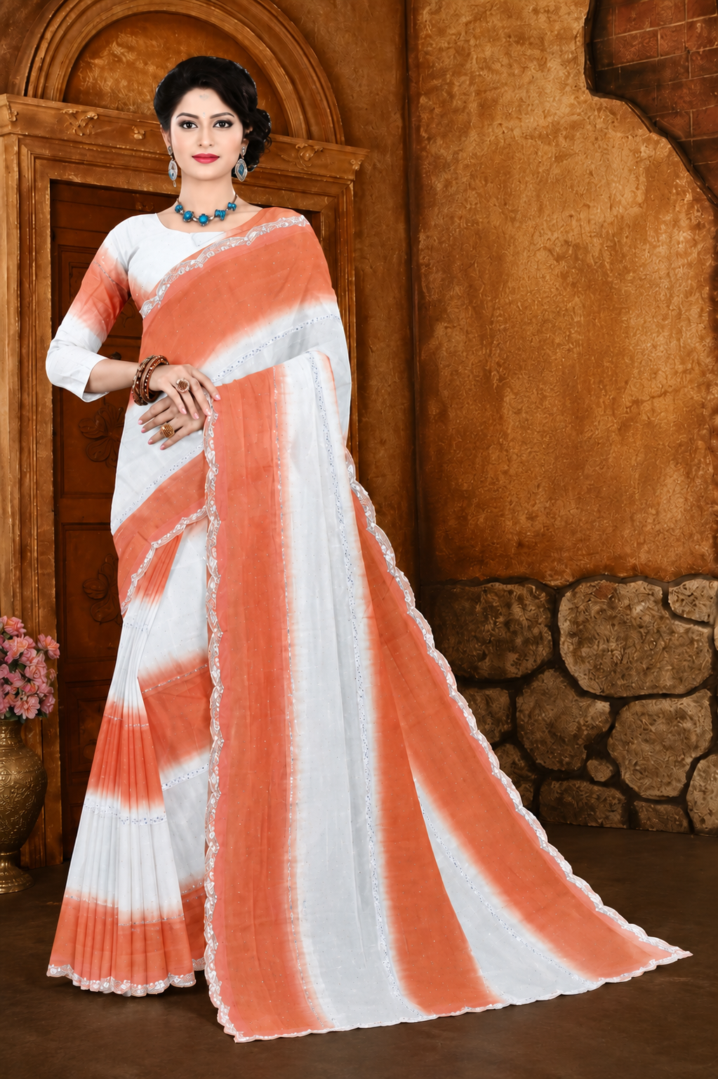 Elegant White & Peach Soft Georgette Printed Saree for Women