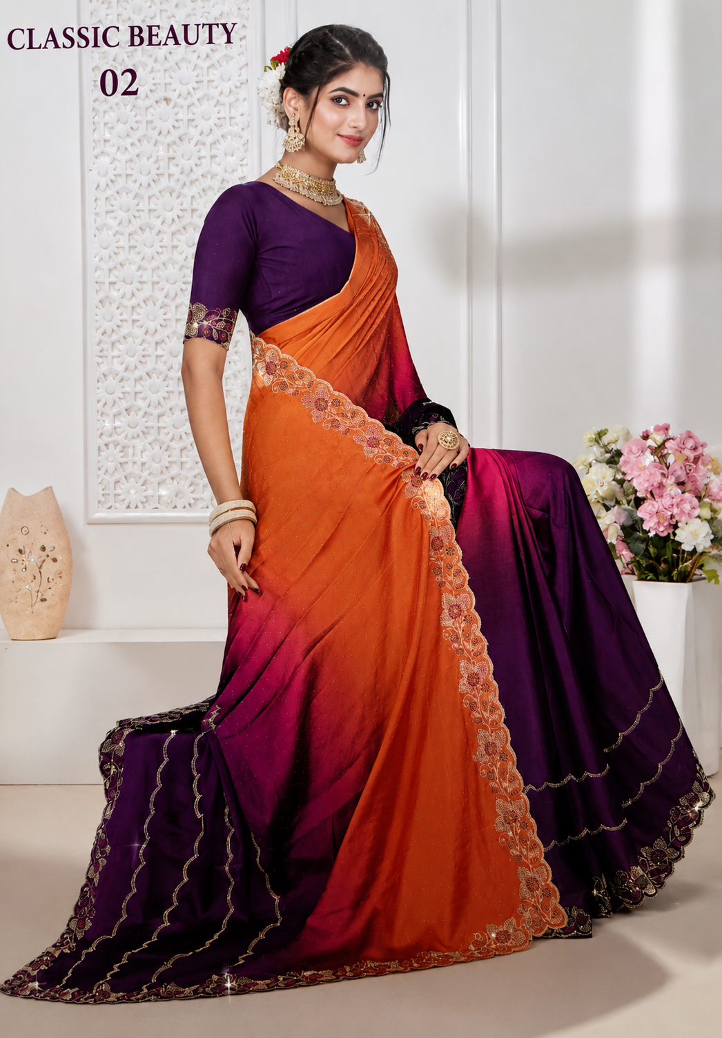 Elegant Orange & Deep Purple Ombre Designer Saree with Lace Border