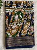 Premium blue kalamkari saree with traditional print