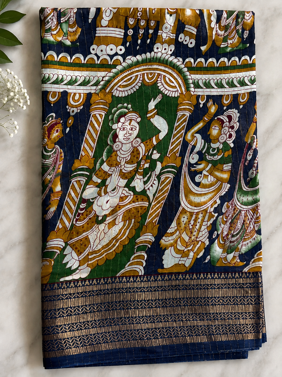 Premium blue kalamkari saree with traditional print
