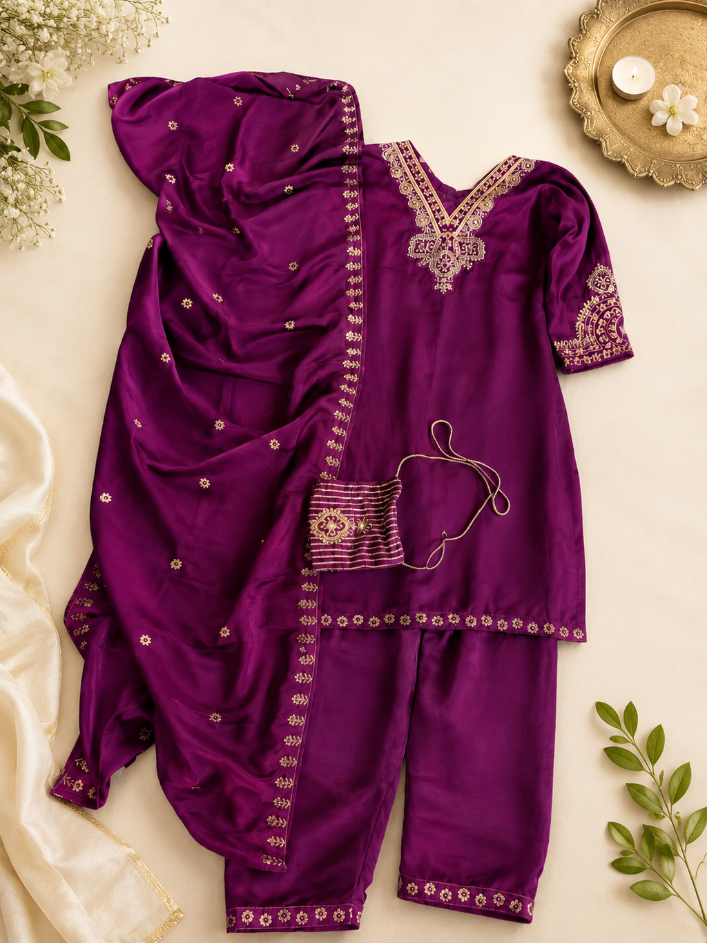 Royal Purple Embroidered Designer Saree with Unstitched Blouse